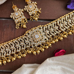 Designer White AD Stone High Neck Choker-Gold Bead-G14152