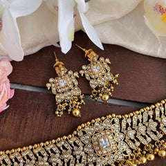 Designer White AD Stone High Neck Choker-Gold Bead-G14152