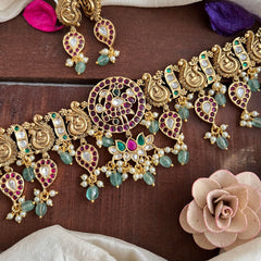 Premium Peacock High Neck Choker-Aqua Green Bead-Pearl-G14154