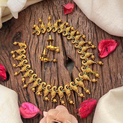 Vriksham Classic Peacock Neckpiece-Red Green-Gold Bead-G21672