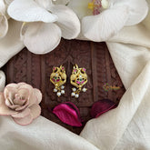 Vriksham Designer Dual Peacock Kundan Jadau Press Bugadi-Green Red & White-Pearl-J3544