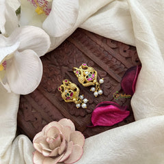 Vriksham Designer Dual Peacock Kundan Jadau Press Bugadi-Green Red & White-Pearl-J3544