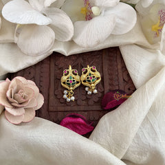 Vriksham Designer Dual Peacock Kundan Jadau Press Bugadi-Green Red-Pearl-J3543