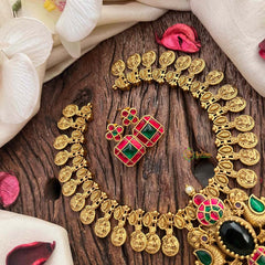 Vriksham Traditional Lakshmi Coin & Peacock Temple Short Neckpiece-J4188