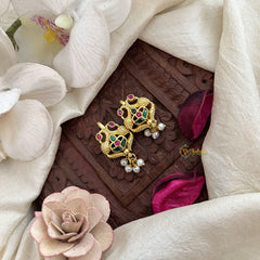 Vriksham Designer Dual Peacock Kundan Jadau Press Bugadi-Green Red-Pearl-J3543