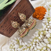 Vriksham Elegant Peacock Motif Style 1 gm Gold Peacock Jhumka-Red Square-Green Drop-G20353