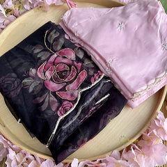 Black Organza Saree with Golden Embroidery - VS3719