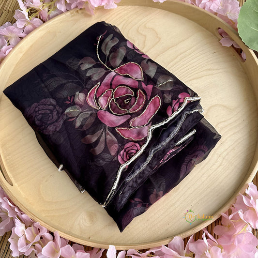 Black Organza Saree with Golden Embroidery - VS3719