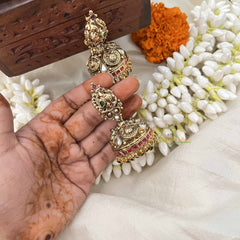 Vriksham  Elegant Peacock Motif  Style 1 gm Gold Peacock Jhumka-Red Square-Green Drop-G20353