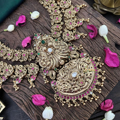 Vriksham Traditional South Indian Temple Jeweiry Haram 1 gm Gold-Green Red & White-G18755