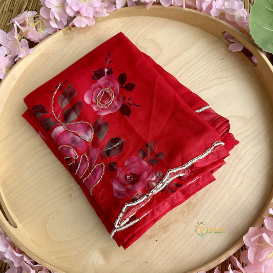 Red Organza Saree with Golden Embroidery - VS3715