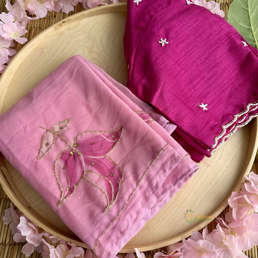 Light Pink Organza Saree with Golden Embroidery - VS3717