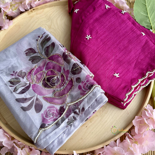 Light Lavender Organza Saree with Golden Embroidery - VS3718