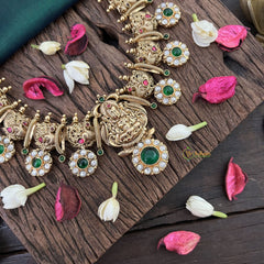 Vriksham Lakshmi Antique Temple Short Bridal Choker 1 gm Gold-Green Red-G18756
