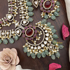 Vriksham Double Layer Victorian Diamond Short Neckpiece-Pastel Green Bead-VV1971