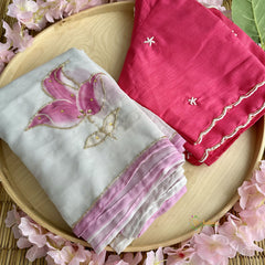 White Organza Saree with Golden Embroidery - VS3726