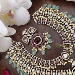 Vriksham Double Layer Victorian Diamond Short Neckpiece-Pastel Green Bead-VV1971