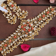 Designer AD Stone High Neck Choker-Coral-Gold Bead-Pearl-G14169