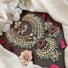 Vriksham Double Layer Victorian Diamond Short Neckpiece-Pastel Green Bead-VV1971