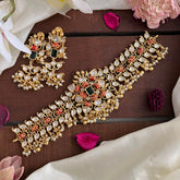 Designer AD Stone High Neck Choker-Coral-Gold Bead-Pearl-G14170