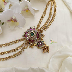 Stylish Red Green Precious Kemp Jada Billai with Gold Bead Maatil-G14820