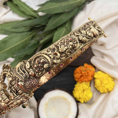 Vriksham Antique Karthikeya Idol Temple With Peacock 1 gm Gold Hipbelt-Red Green-G20356