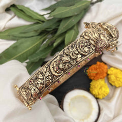 Vriksham Antique Karthikeya Idol Temple With Peacock 1 gm Gold Hipbelt-Red Green-G20356