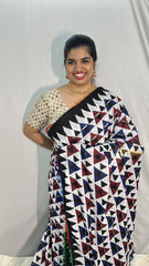 Vriksham White With Tringle Print Cotton Mulmul Saree With Pom Pom Lace-VS4432