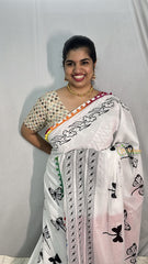 Vriksham White With Butterfly Print Cotton Mulmul Saree With Pom Pom Lace-VS4431