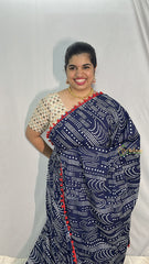 Vriksham Indigo Cotton Mulmul Saree With Pom Pom Lace-VS4424