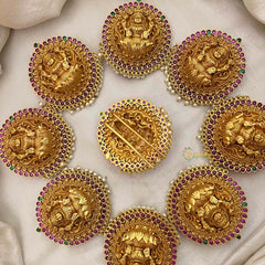 Vriksham Bridal Goddess 7 Segment Lakshmi Antique Temple Jada Bilai-Red Green-Pearls-G21697