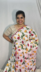 Vriksham White With Floral Print Cotton Mulmul Saree With Pom Pom Lace-VS4435