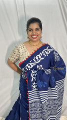 Vriksham Navy Blue Cotton Mulmul Saree With Pom Pom Lace-VS4425