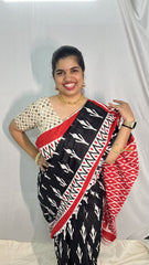 Vriksham Black Cotton Mulmul Saree With Pom Pom Lace-VS4429