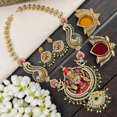 Vriksham Traditional Matte Gold Mahalakshmi Temple With Peacock Long Haram-G22426