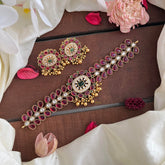 Stylish Red Green AD Stone High Neck Choker-Gold Bead-G14184