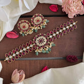 Stylish Red AD Stone High Neck Choker-Aqua Green Bead-Pearl-G14186