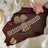 Stylish White AD Stone High Neck Choker-Aqua Green Bead-Pearl-G14187