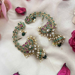 Vriksham Peacock Leaf & Floral Style Bridal With Pearls Deataling EarCuff-Green Red & White-G21105