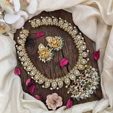 Vriksham Dual Peacock Peandant White Manga Style Jadau Short Neckpiece-Green Bead-Rice Pearl-J3578