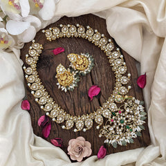 Vriksham Dual Peacock Peandant White Manga Style Jadau Short Neckpiece-Green Bead-Rice Pearl-J3578