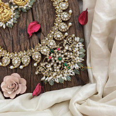 Vriksham Dual Peacock Peandant White Manga Style Jadau Short Neckpiece-Green Bead-Rice Pearl-J3578