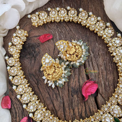 Vriksham Dual Peacock Peandant White Manga Style Jadau Short Neckpiece-Green Bead-Rice Pearl-J3578