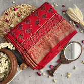Vriksham Red Lotus Print Ajrakh Dola Silk Saree-VS4363