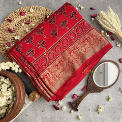 Vriksham Red Lotus Print Ajrakh Dola Silk Saree-VS4363