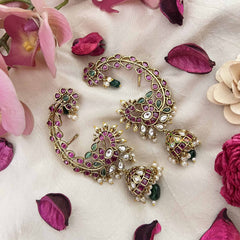Vriksham Peacock Leaf & Floral Style Bridal With Pearls Deataling EarCuff-Red Green & White-G21104