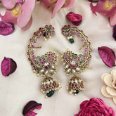 Vriksham Peacock Leaf & Floral Style Bridal With Pearls Deataling EarCuff-Red Green & White-G21104