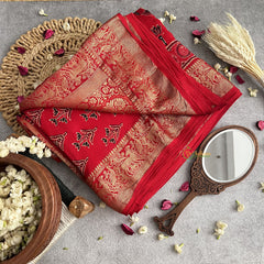 Vriksham Red Lotus Print Ajrakh Dola Silk Saree-VS4363