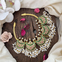 Vriksham Traditional Half Moon Guttapusalu Short Neckpiece-White Green-Rice Pearl-J3581