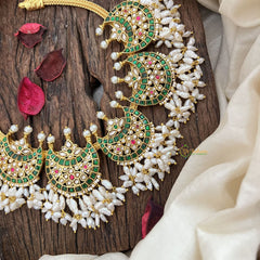 Vriksham Traditional Half Moon Guttapusalu Short Neckpiece-White Green-Rice Pearl-J3581